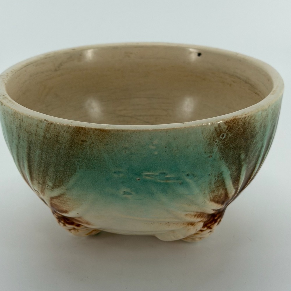 Vintage 1945 McCoy Rustic Pinecone Footed Ceramic Bowl Jardiniere Turquoise - Picture 3 of 12
